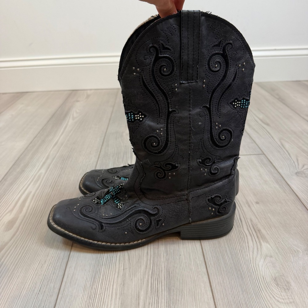 Roper Womens Black Embroidered Rhinestone Cross Square Toe Cowgirl Boots 9